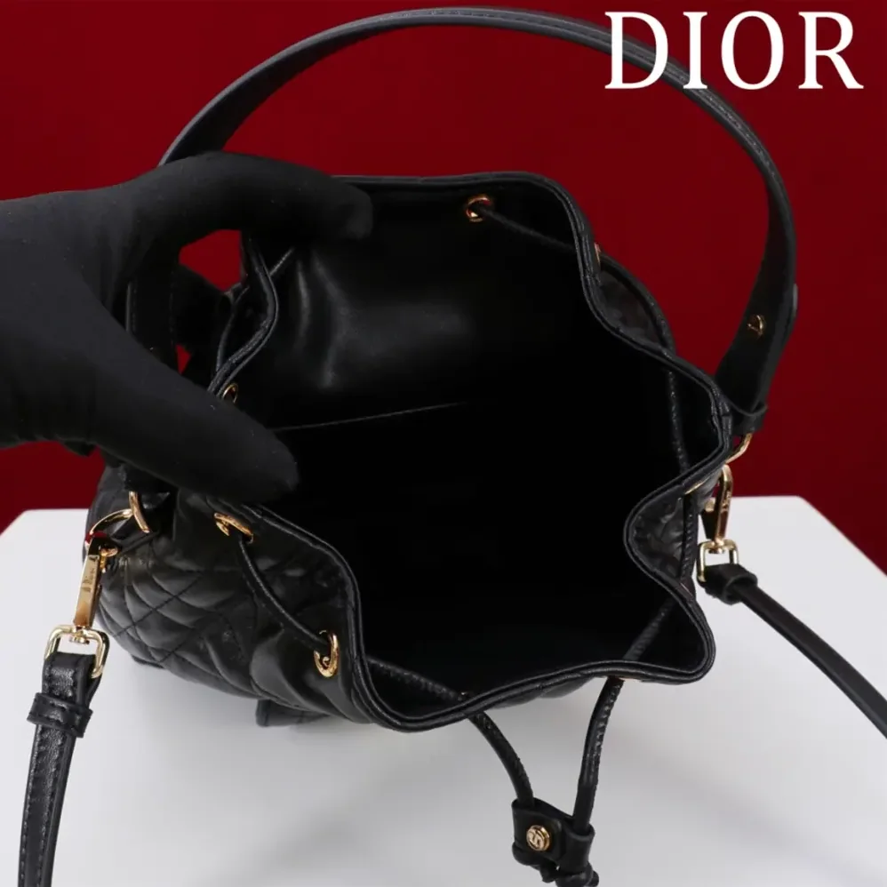 Dior Small Dior Caro Bucket Bag Black Macrocannage Lambskin for Women