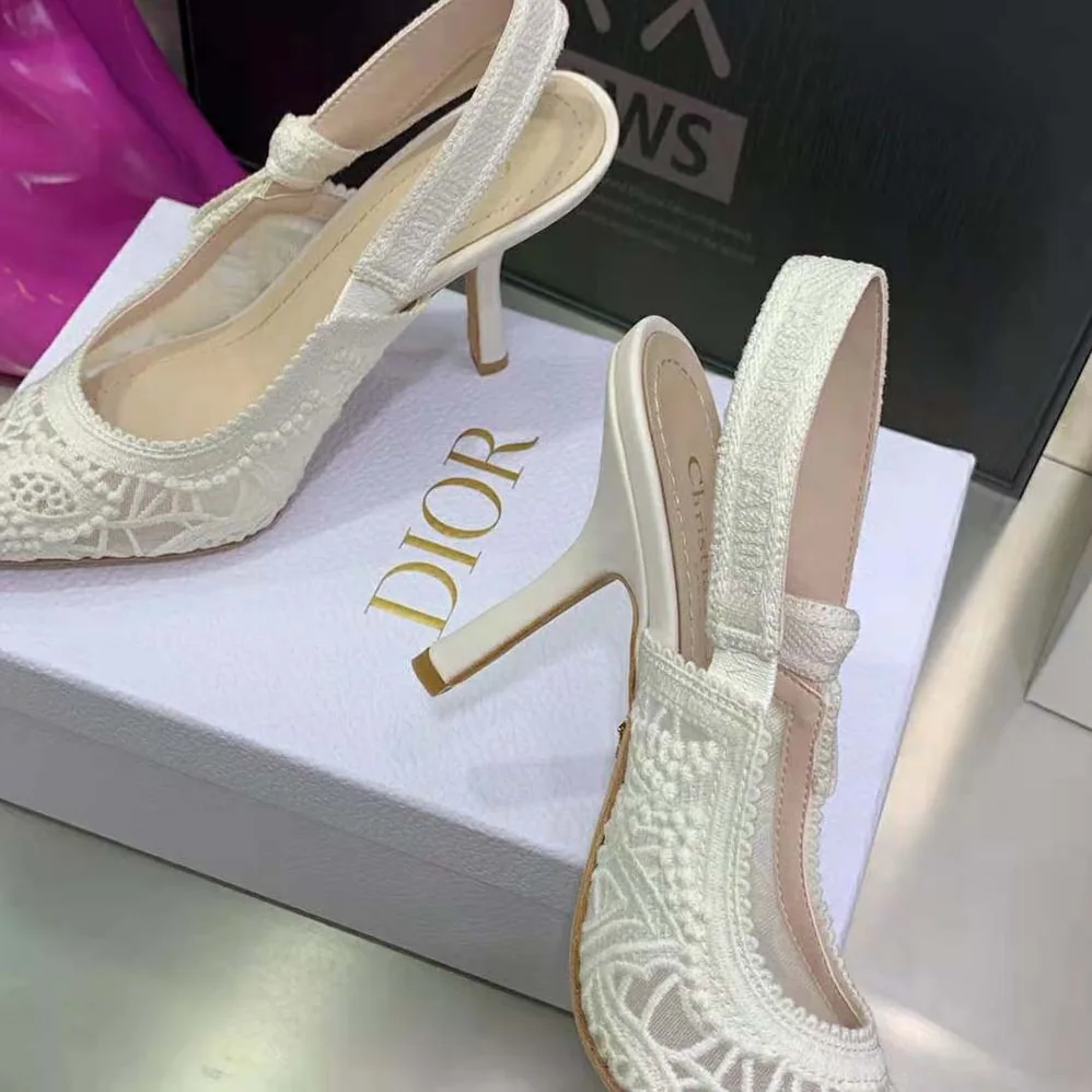 Dior J Adior Slingback Pump White Macramé Embroidered Cotton for Women Dior J Adior Slingback Pump White Macramé Embroidered Cotton for Women