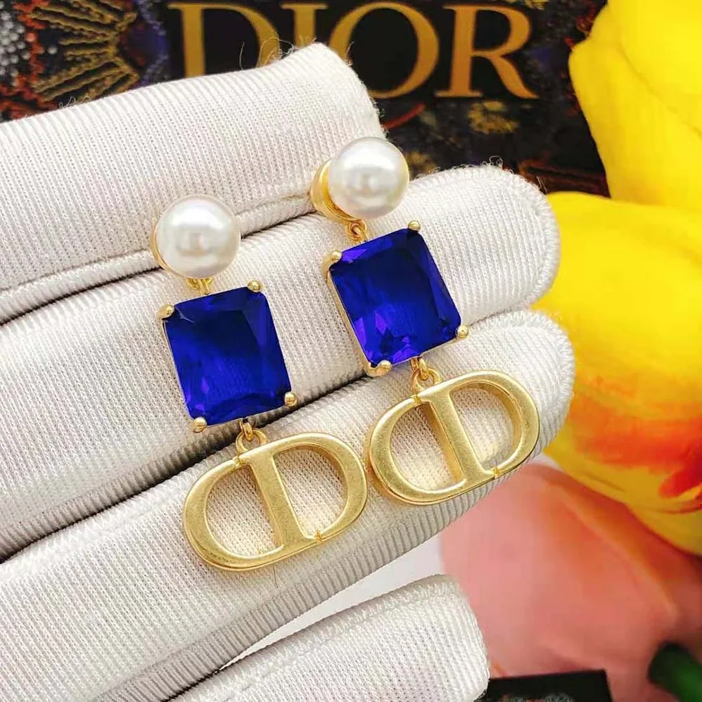 Dior Petit CD Earrings Gold-Finish Metal with White Resin Pearls and Fluorescent Blue Crystals for Women