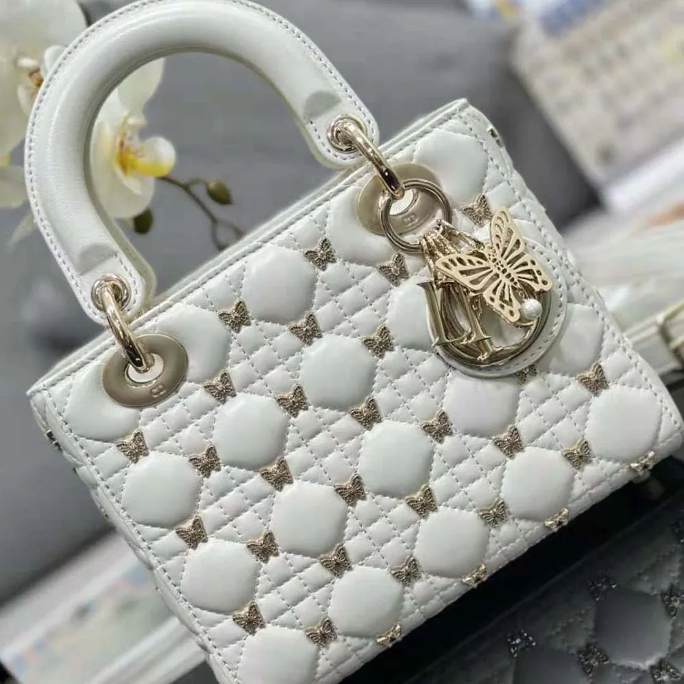 Dior Small Lady Dior Bag White Cannage Lambskin with Gold for Women in Finish Butterfly Studs Dior Small Lady Dior Bag White Cannage Lambskin with Gold for Women in Finish Butterfly Studs