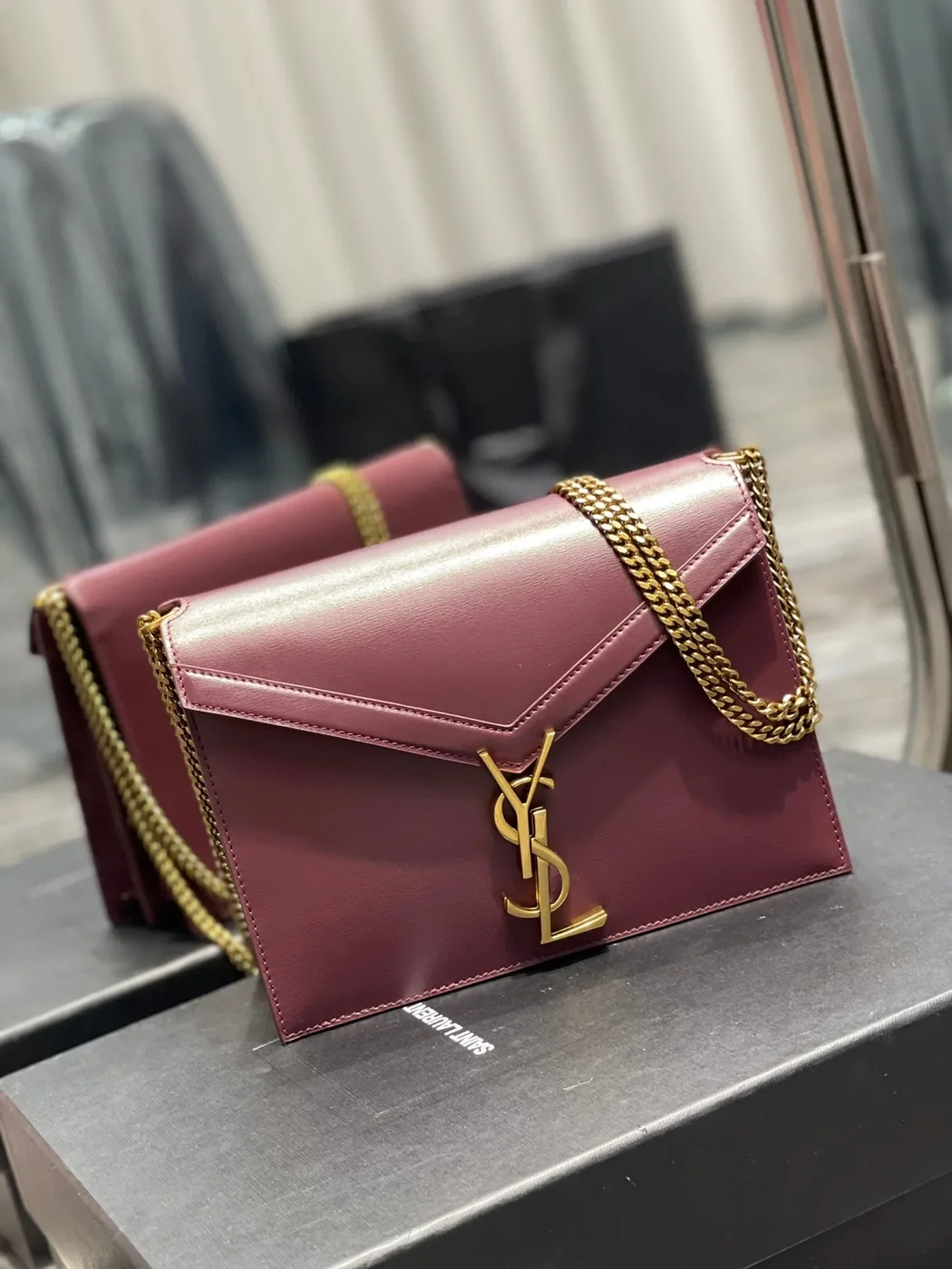 Saint Laurent Cassandra Medium Shoulder Bag in Burgundy Gold Hardware