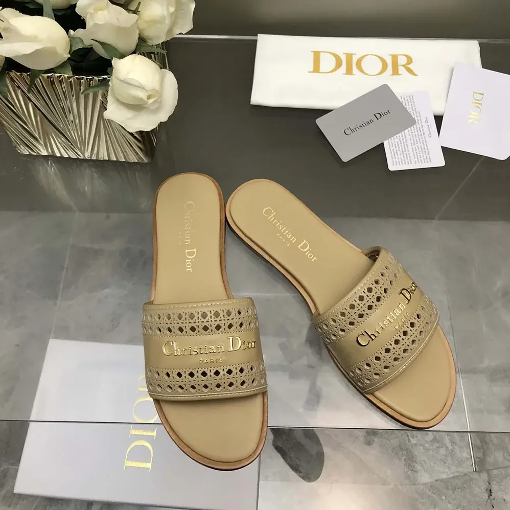 Dior D-Lane Slide Beige Calfskin with Openwork Microcannage Motif for Women Dior D-Lane Slide Beige Calfskin with Openwork Microcannage Motif for Women
