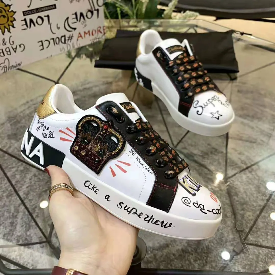 Dolce Gabbana D&G Portofino Sneakers in Printed Nappa Calfskin with Patch for Men in Black