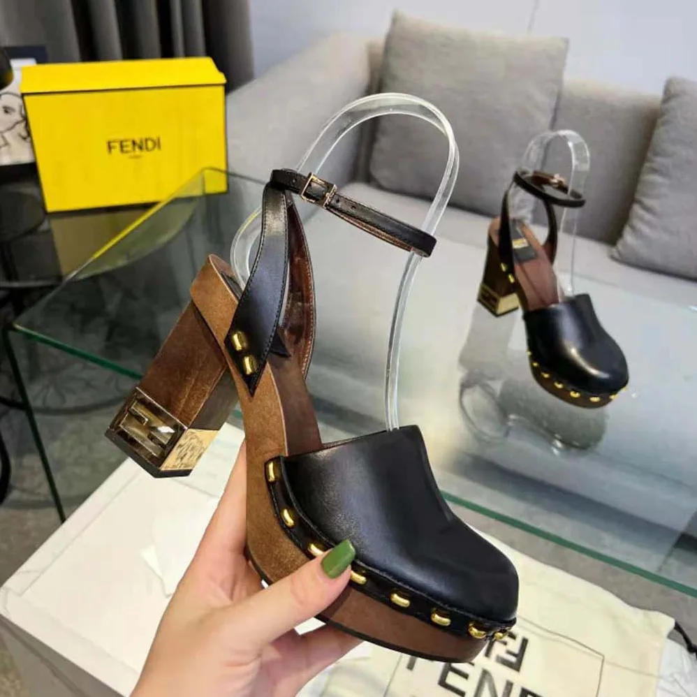 Fendi Baguette Show Black Leather High for Women in Heeled Clogs