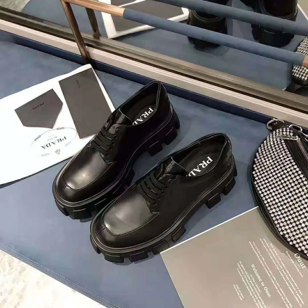 Prada Monolith Brushed Calf Leather Lace-Up Shoes for Women in Black