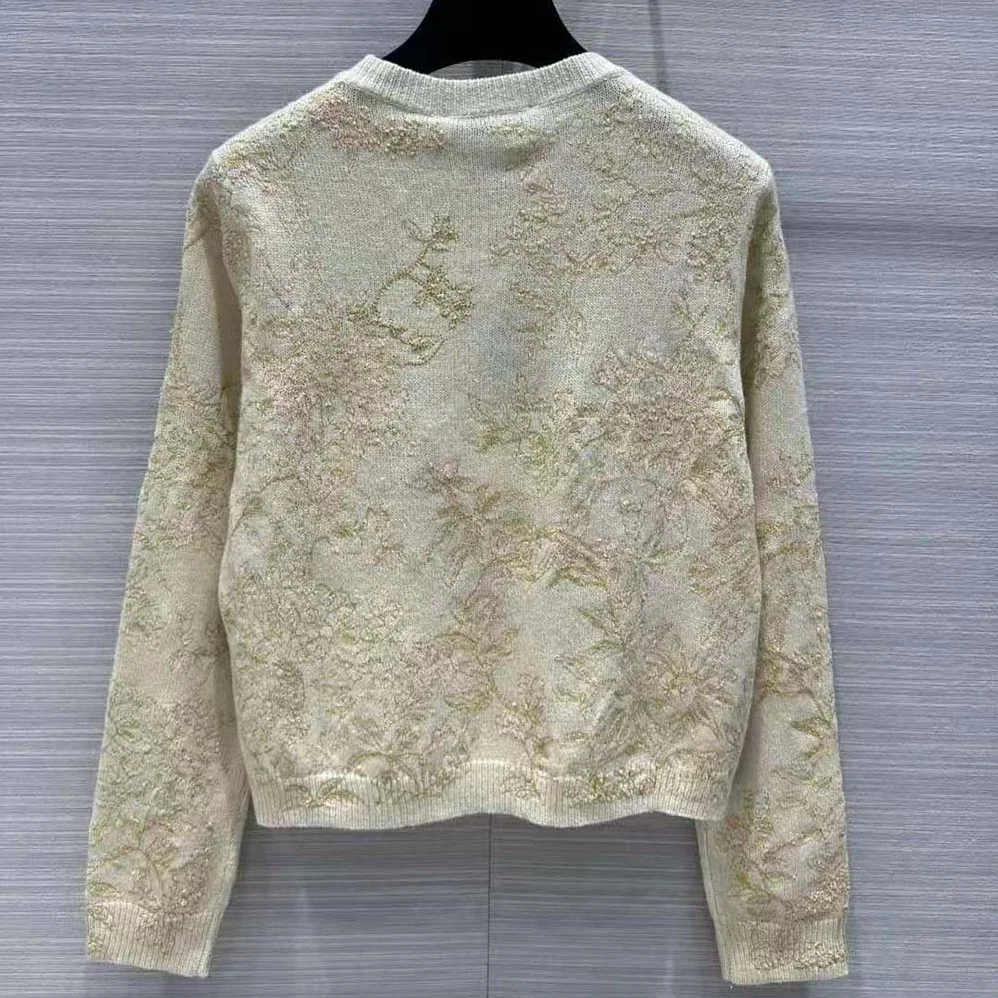Dior Sweater Gold-Tone Technical Cashmere Knit Embroidered with Metallic Thread in a Dior Jardin D'Hiver Motif for Women