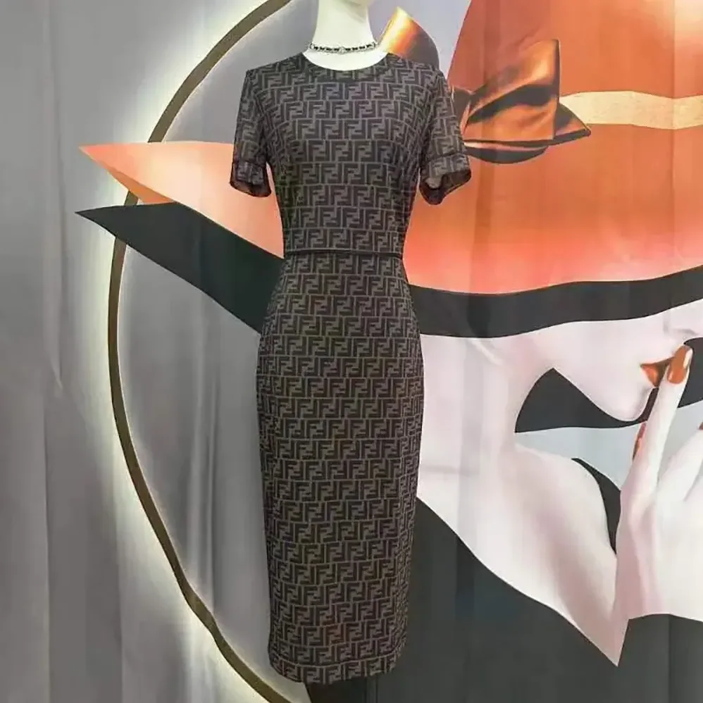 Fendi Brown Micro Mesh Dress with Pared for Women in Down Silhouette