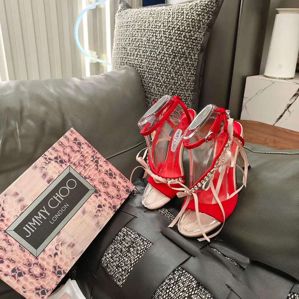 Jimmy Choo Lula 100mm Macaron and Ruby Red Satin Sandals with Bows for Women Jimmy Choo Lula 100mm Macaron and Ruby Red Satin Sandals with Bows for Women