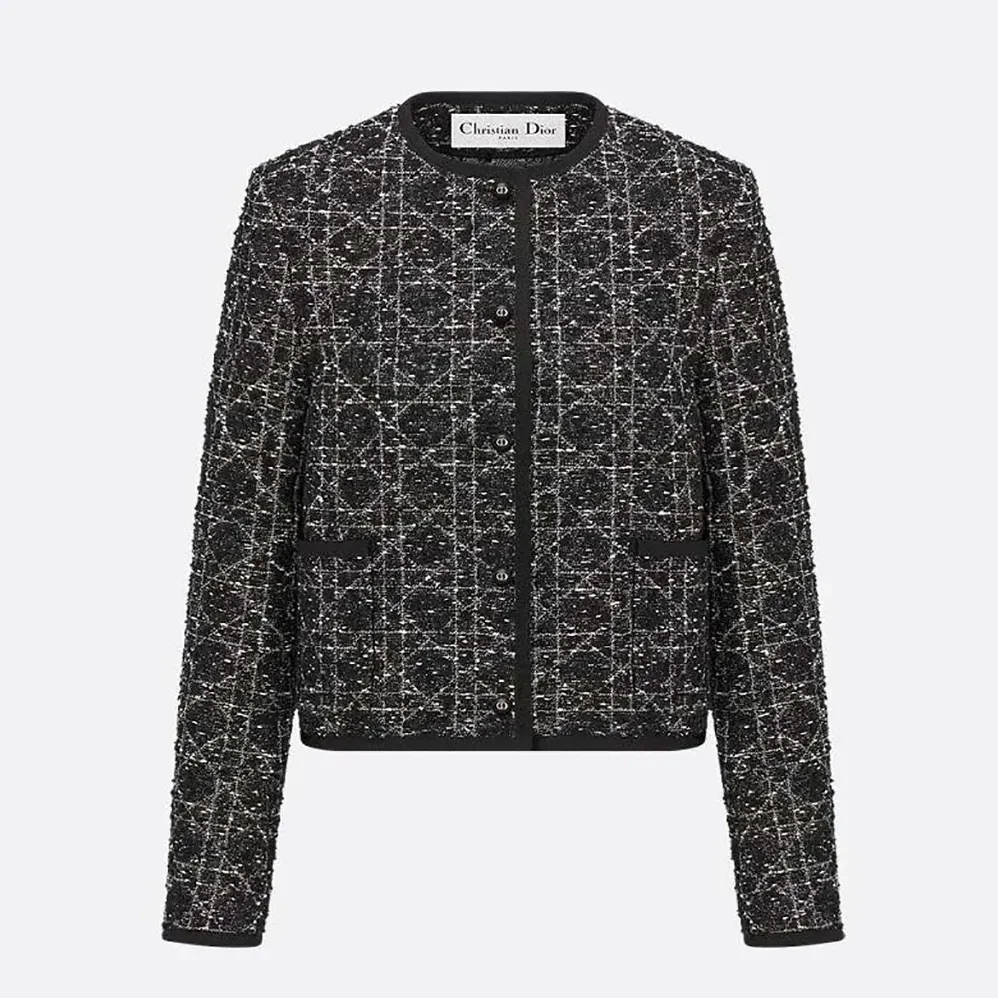 Dior Macrocannage Cropped Jacket Black and White Technical Cotton Tweed for Women