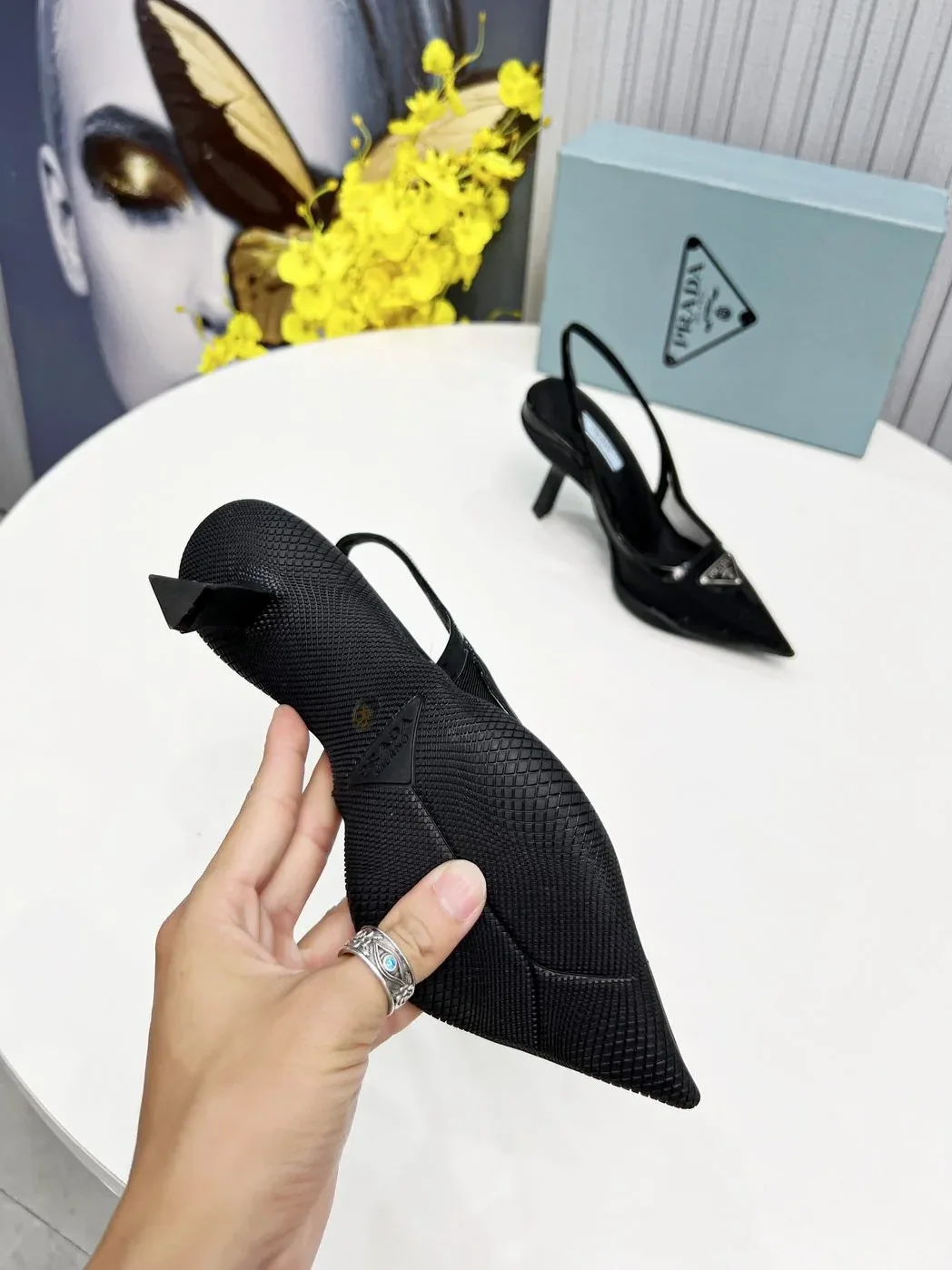 Prada Mesh Fabric Slingback Pumps Black