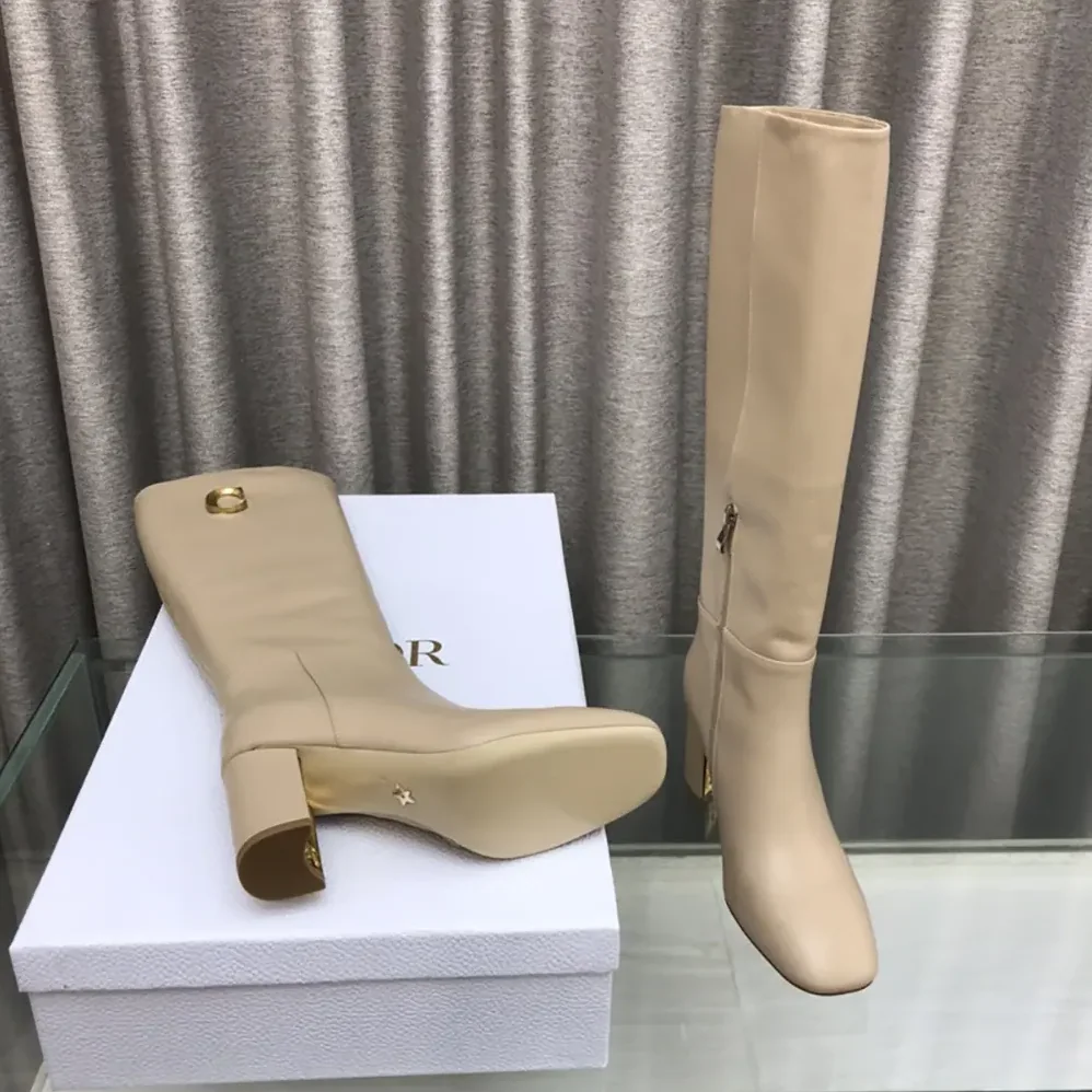 Dior Logo Knee-High Boot In Light Beige Calfskin with Gold for Women in Tone Accents Dior Logo Knee-High Boot In Light Beige Calfskin with Gold for Women in Tone Accents