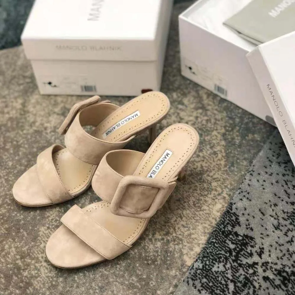 Manolo Blahnik Light Beige Suede Open Toe Mules for Women
