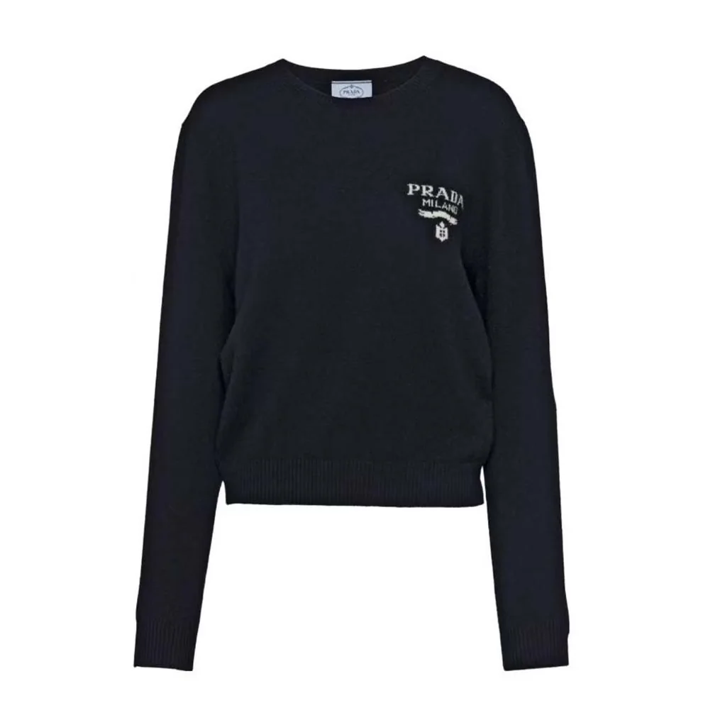 Prada Cashmere and Silk Sweater With Intarsia Logo for Women in Black Prada Cashmere and Silk Sweater With Intarsia Logo for Women in Black