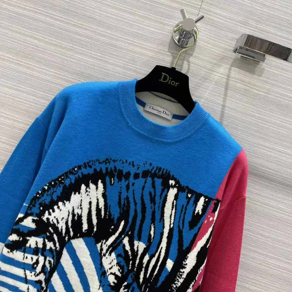 Dior Sweater Bright Blue and Pink D-Jungle Pop Double for Women in Sided Technical Cashmere