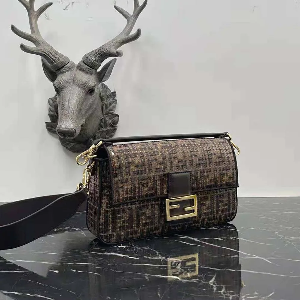 Fendi Baguette Brown FF Jacquard Fabric Bag with Sequins for Women Fendi Baguette Brown FF Jacquard Fabric Bag with Sequins for Women
