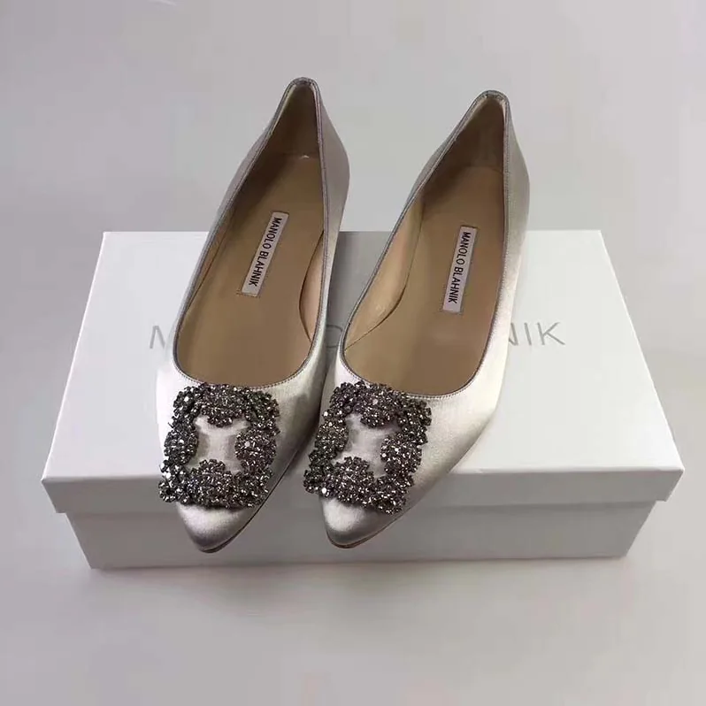 Manolo Blahnik Hangisiflat Satin Jewel Buckled Flats Shoes for Women in Grey Manolo Blahnik Hangisiflat Satin Jewel Buckled Flats Shoes for Women in Grey