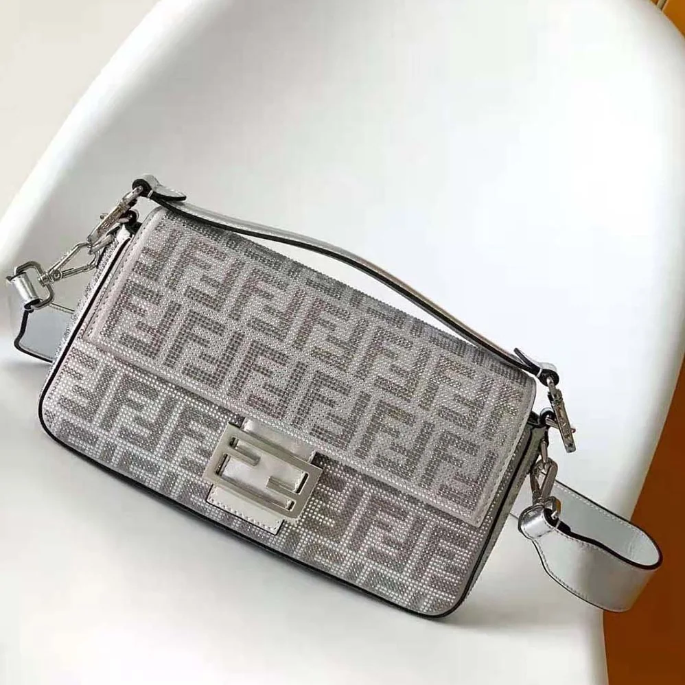 Fendi Baguette Silver Leather Bag with Crystal FF Motif for Women Fendi Baguette Silver Leather Bag with Crystal FF Motif for Women