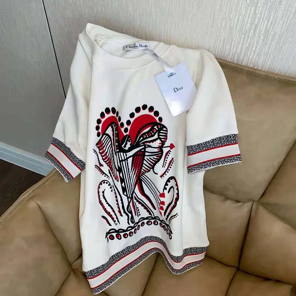 Dior Short-Sleeved Sweatshirt White Cotton Jersey with Multicolor Cupidon Motif for Women
