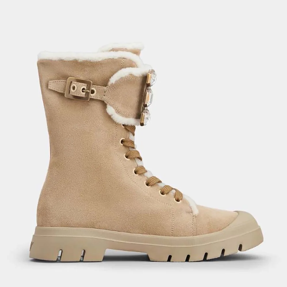 Roger Vivier Walky Viv' Lace Up Shearling Strass Buckle Booties in Suede for Women Roger Vivier Walky Viv' Lace Up Shearling Strass Buckle Booties in Suede for Women