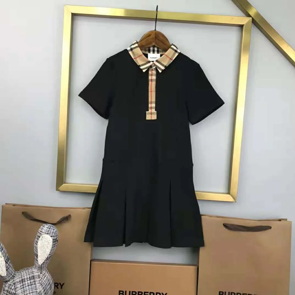 Burberry Girls' Vintage Check Trim Cotton Piqué Polo Shirt Dress in Black Burberry Girls' Vintage Check Trim Cotton Piqué Polo Shirt Dress in Black