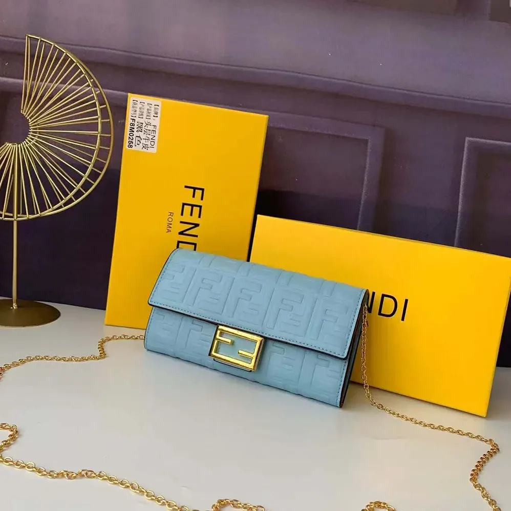 Fendi Baguette Continental Wallet With Chain Blue Nappa Leather Wallet for Women