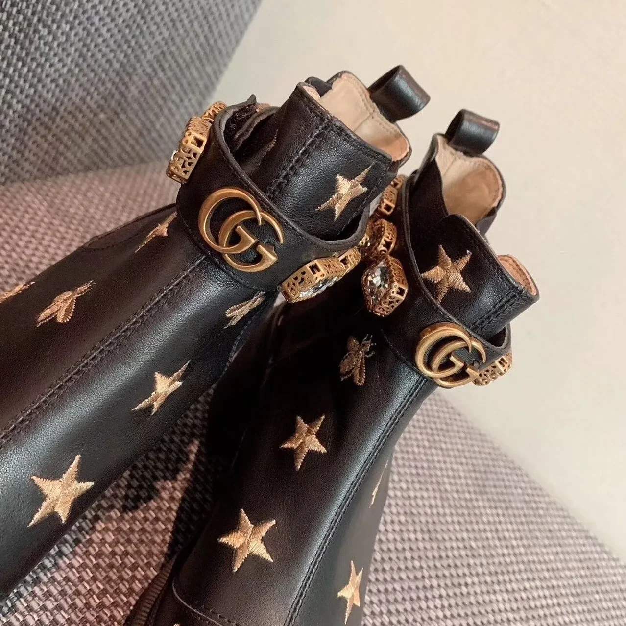Gucci Star And Bee Embroidered Trip Ankle Boots Black