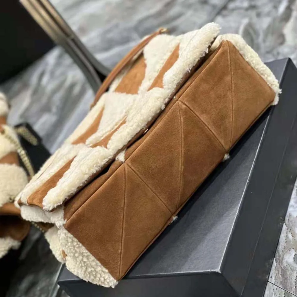 Saint Laurent YSL Jamie Giant Chain Bag “Carré Rive Gauche” in Suede and Shearling Patchwork for Women in Brown Saint Laurent YSL Jamie Giant Chain Bag “Carré Rive Gauche” in Suede and Shearling Patchwork for Women in Brown