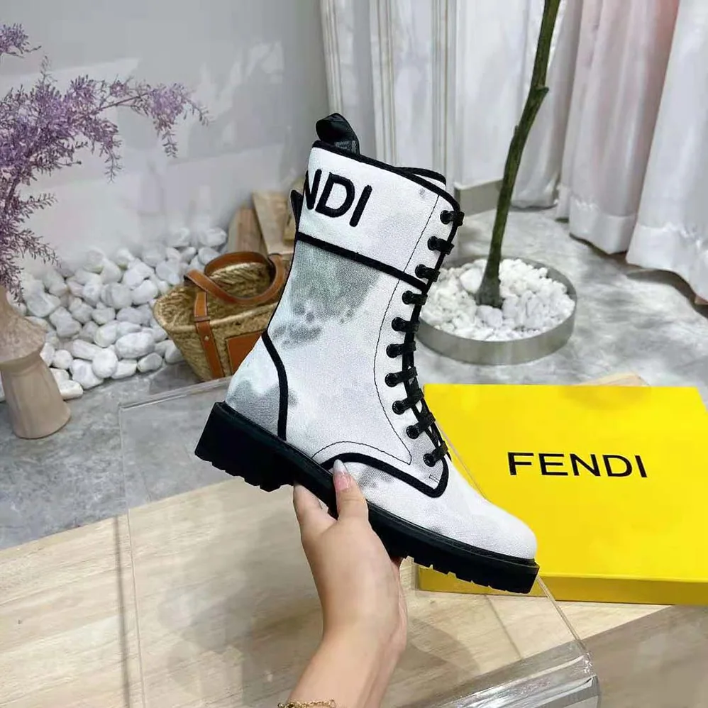 Fendi Signature Gray Canvas Biker Boots for Women