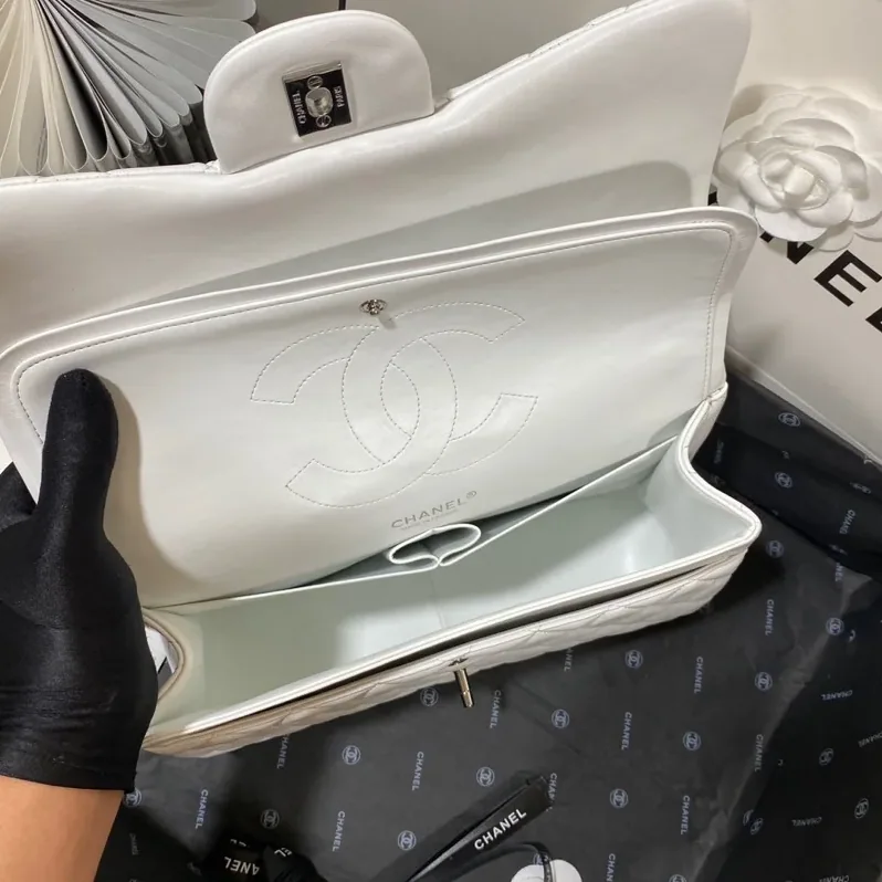 Chanel Classic Double Flap Bag Large Crossbody in White Silver Hardware Chanel Classic Double Flap Bag Large Crossbody in White Silver Hardware