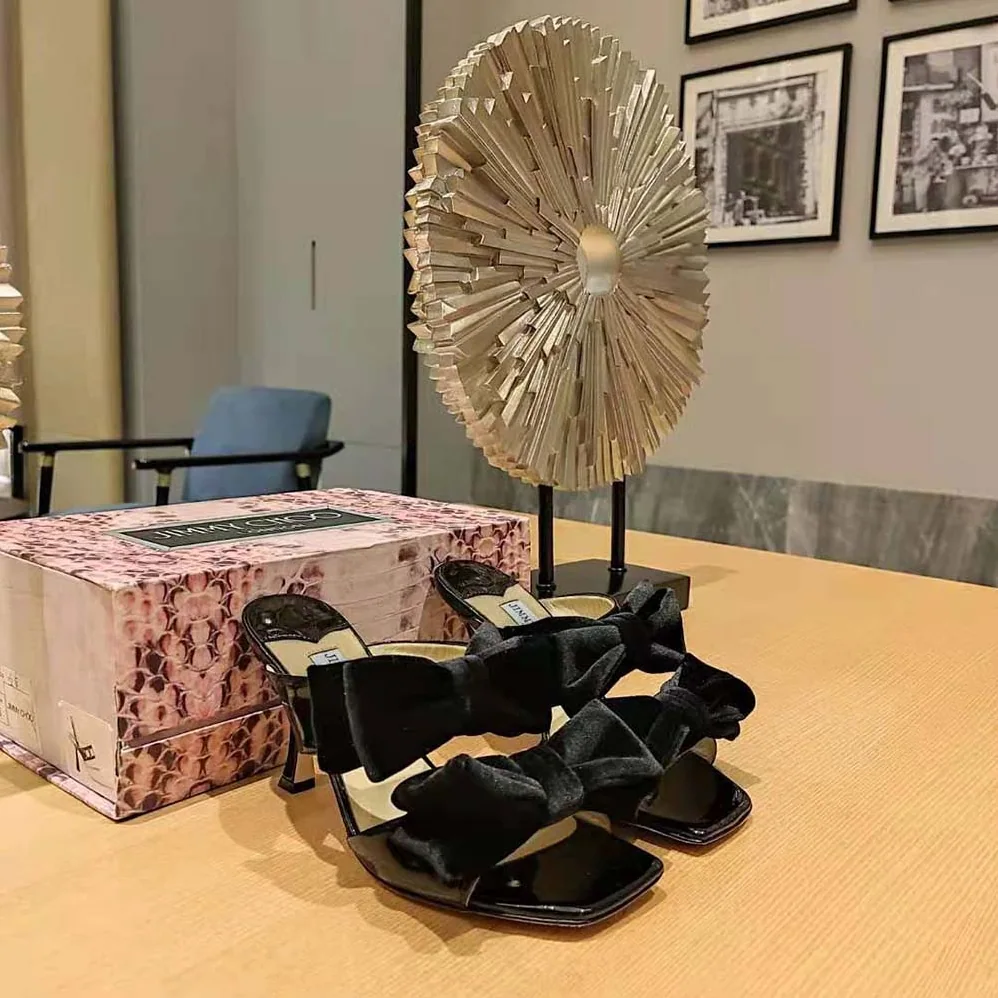 Jimmy Choo Flaca Sandal 100 Black Patent Sandal with Velvet Bow for Women Jimmy Choo Flaca Sandal 100 Black Patent Sandal with Velvet Bow for Women