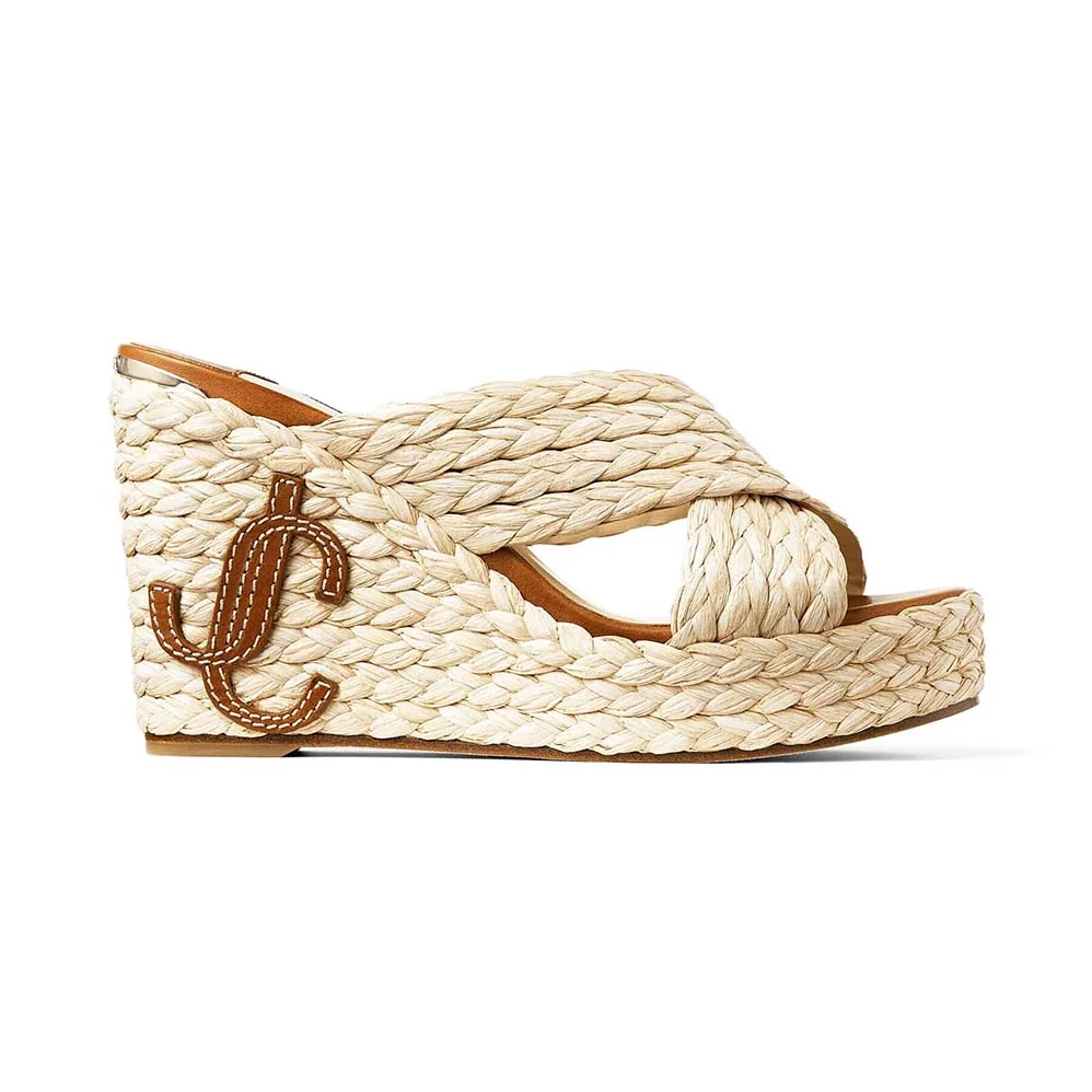 Jimmy Choo Dovina 100 Natural Raffia Wedge Mules with JC Monogram for Women