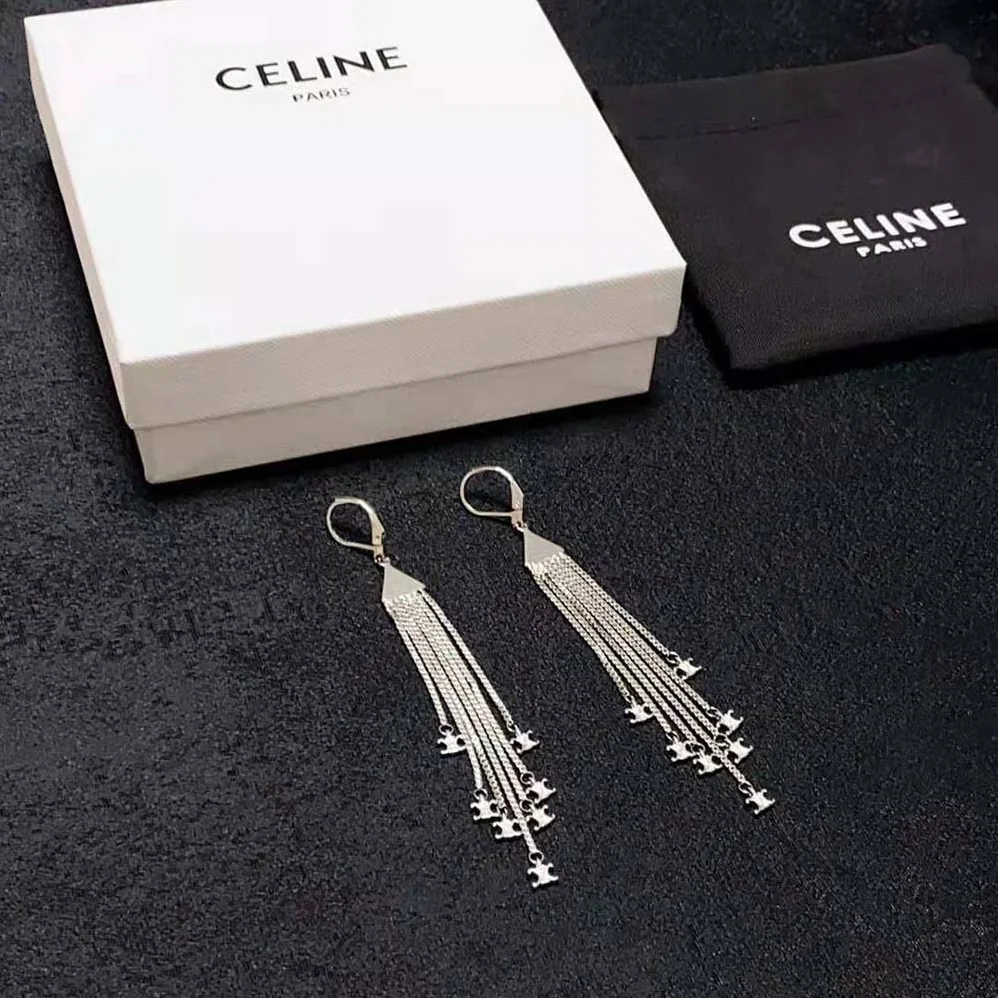Celine Triomphe Folk Fringe Earrings in Brass with Rhodium Finish for Women Celine Triomphe Folk Fringe Earrings in Brass with Rhodium Finish for Women