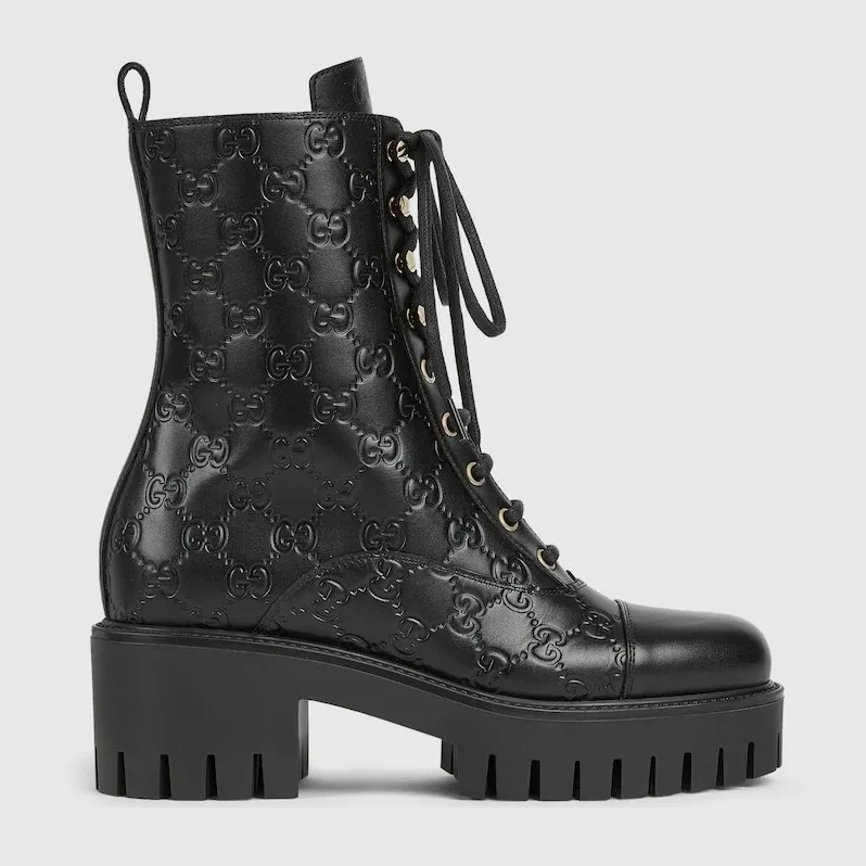 Gucci Lace-Up Ankle Boots With GG Black Gucci Lace-Up Ankle Boots With GG Black