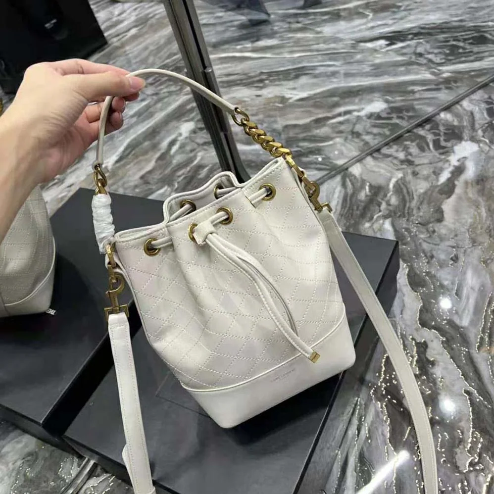 Saint Laurent YSL Emmanuelle Small Bucket Bag in Quilted Lambskin for Women in White Saint Laurent YSL Emmanuelle Small Bucket Bag in Quilted Lambskin for Women in White