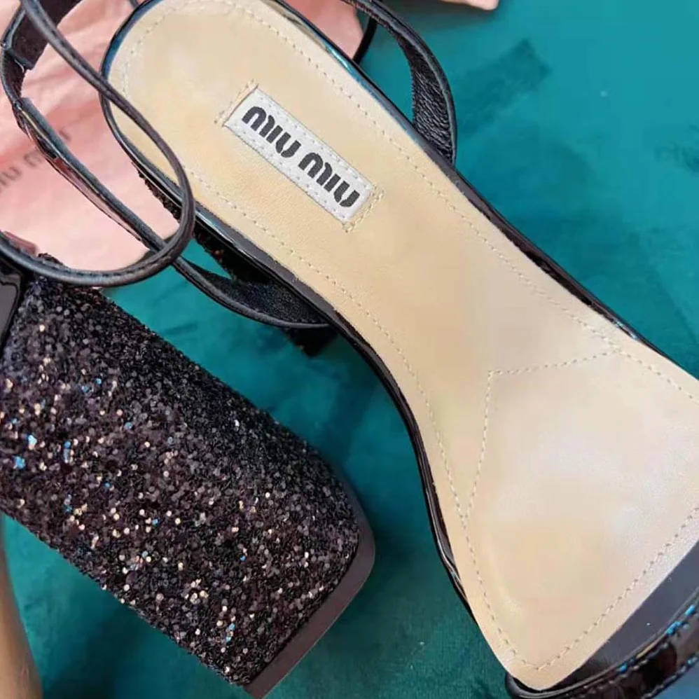 Miu Miu Patent Leather and Glitter Sandals in 100mm Heel Height for Women in Black Miu Miu Patent Leather and Glitter Sandals in 100mm Heel Height for Women in Black