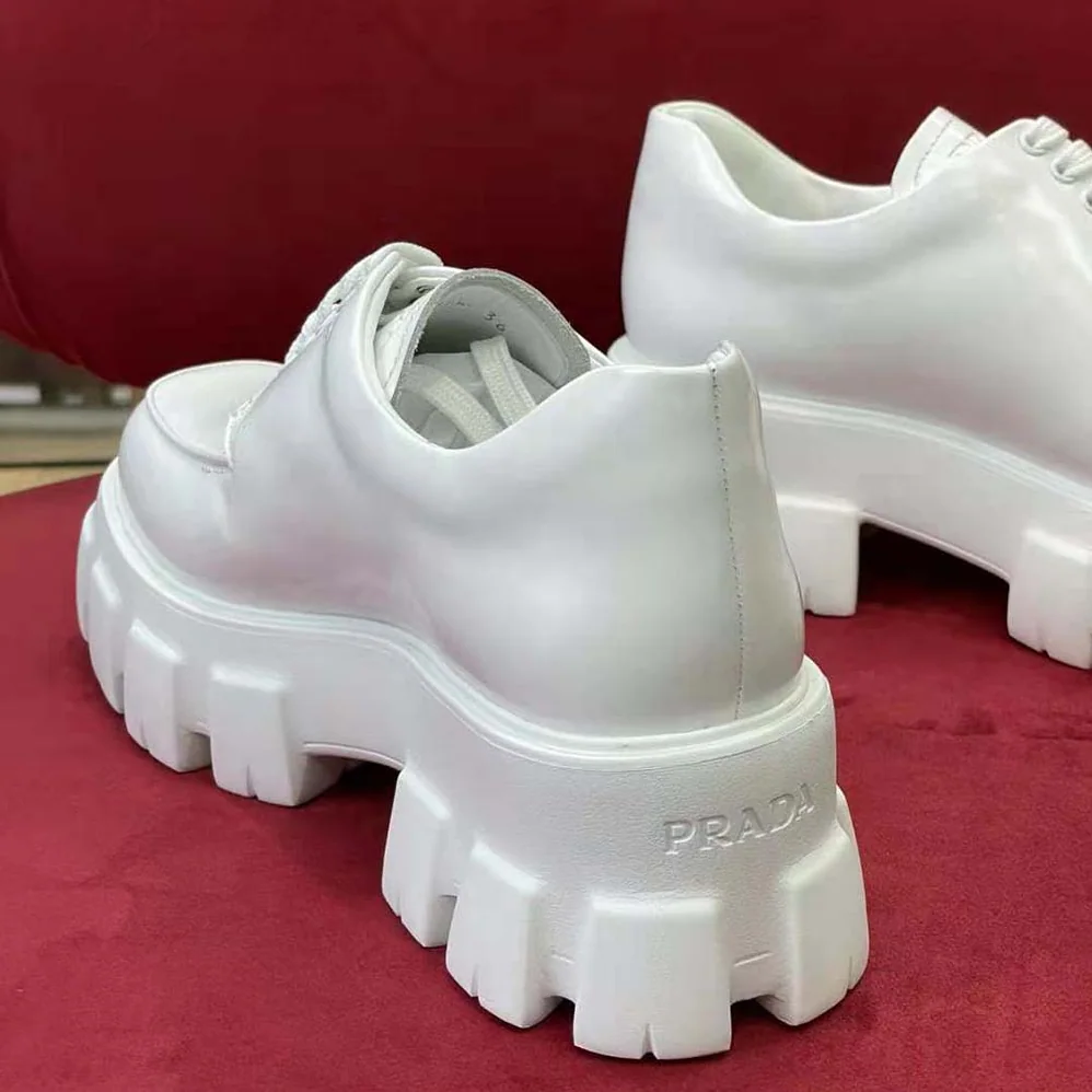 Prada Monolith Brushed Leather Lace-up Shoes for Women in White Prada Monolith Brushed Leather Lace-up Shoes for Women in White