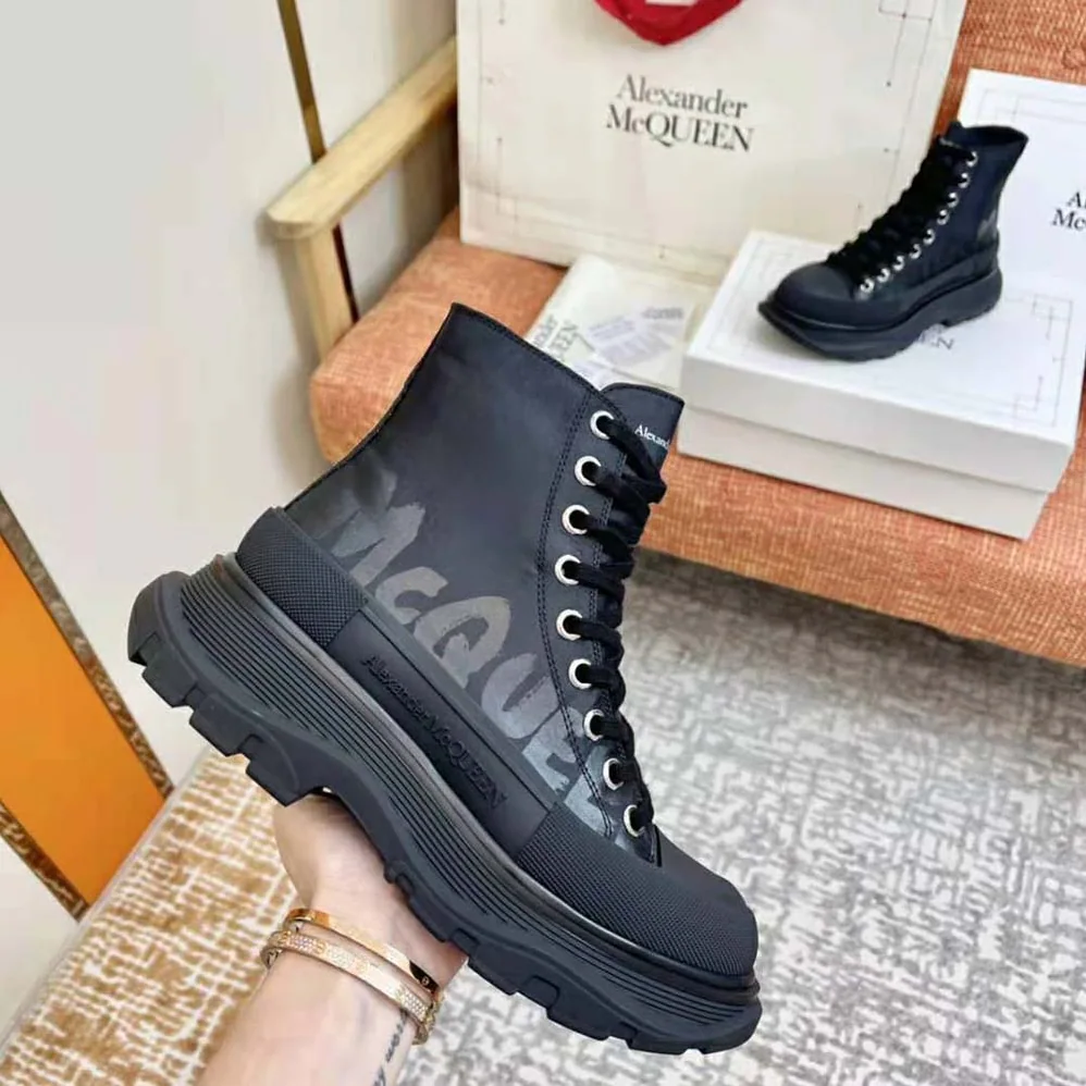 Alexander Mcqueen Tread Slick Boot Black Polyfaille Lace for Women in up Boot