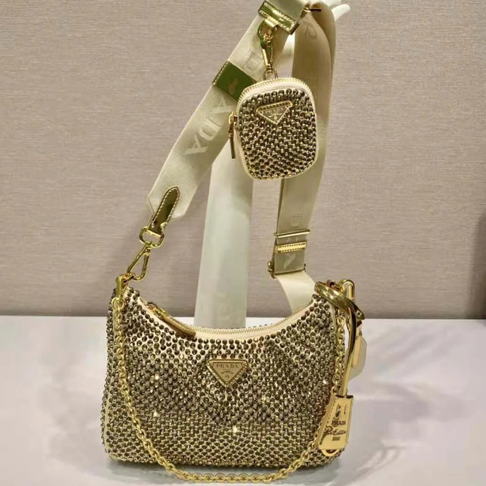 Prada Re-Edition 2005 Satin Bag with Crystals for Women in Gold