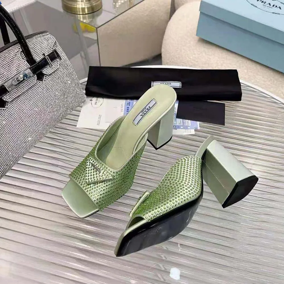 Prada High-heeled Satin Slides with Crystals for Women in Auqa Prada High-heeled Satin Slides with Crystals for Women in Auqa