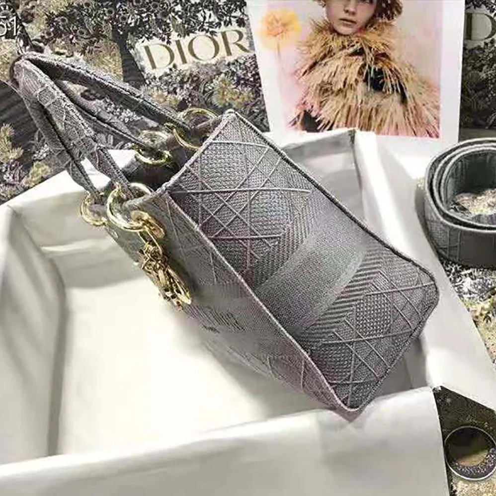 Dior Medium Lady D-Lite Bag Cannage Embroidery in Silver Dior Medium Lady D-Lite Bag Cannage Embroidery in Silver