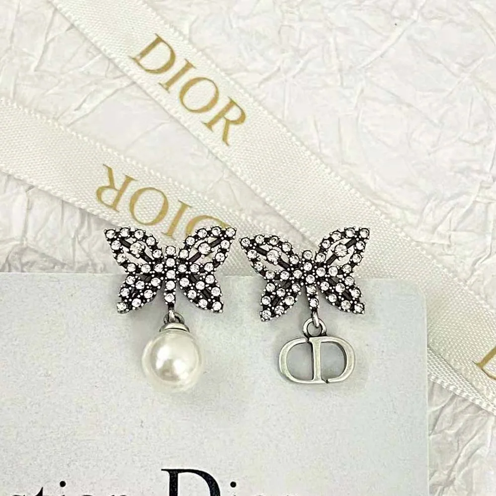 Dior Papillon De Nuit Earrings Antique Silver-Finish Metal with White Resin Pearl for Women