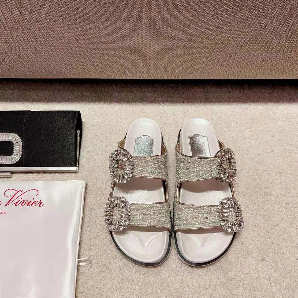 Roger Vivier Slidy Viv Strass Buckle Mules in Fabrics for Women in Silver