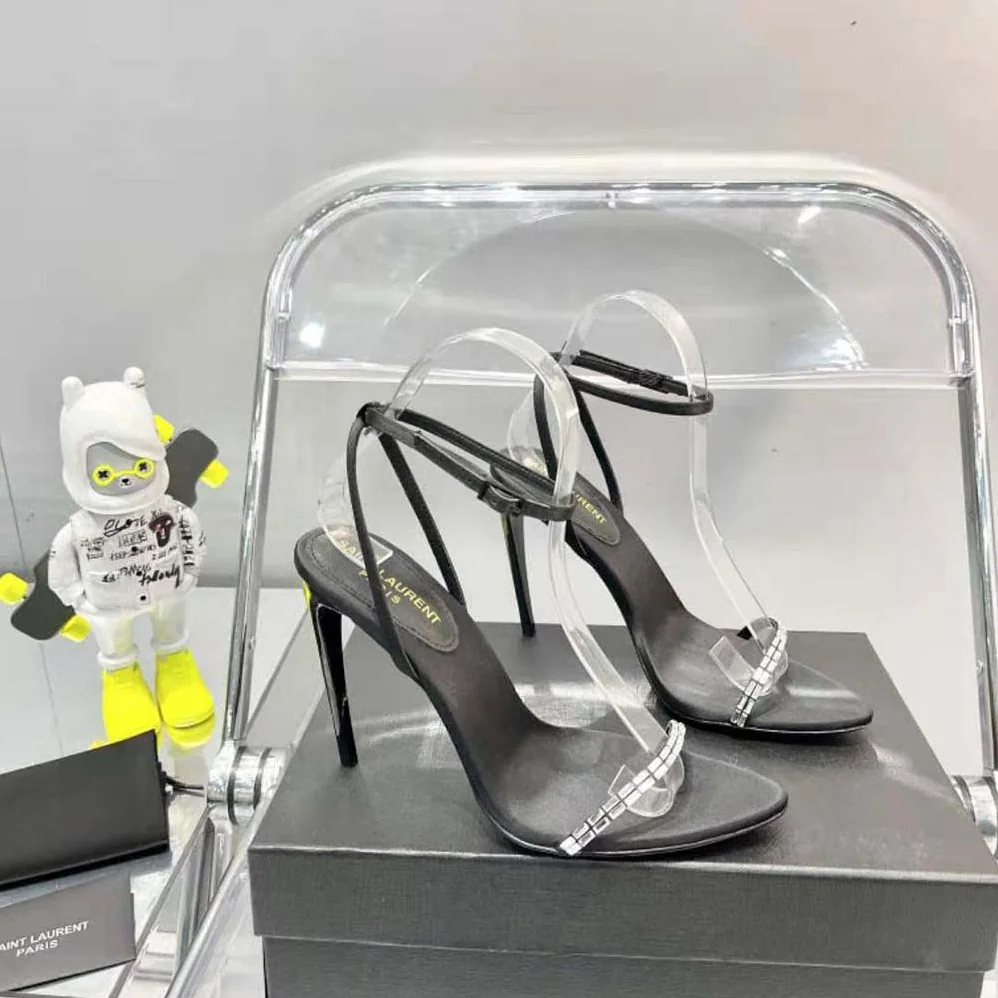 Saint Laurent YSL Gloria Sandals in Crepe Satin with Rhinestones for Women