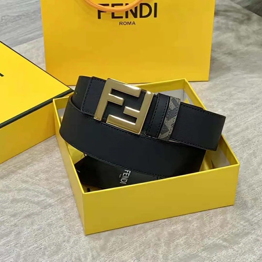 Fendi FF Rounded Belt Black Leather Reversible for Men in Gold