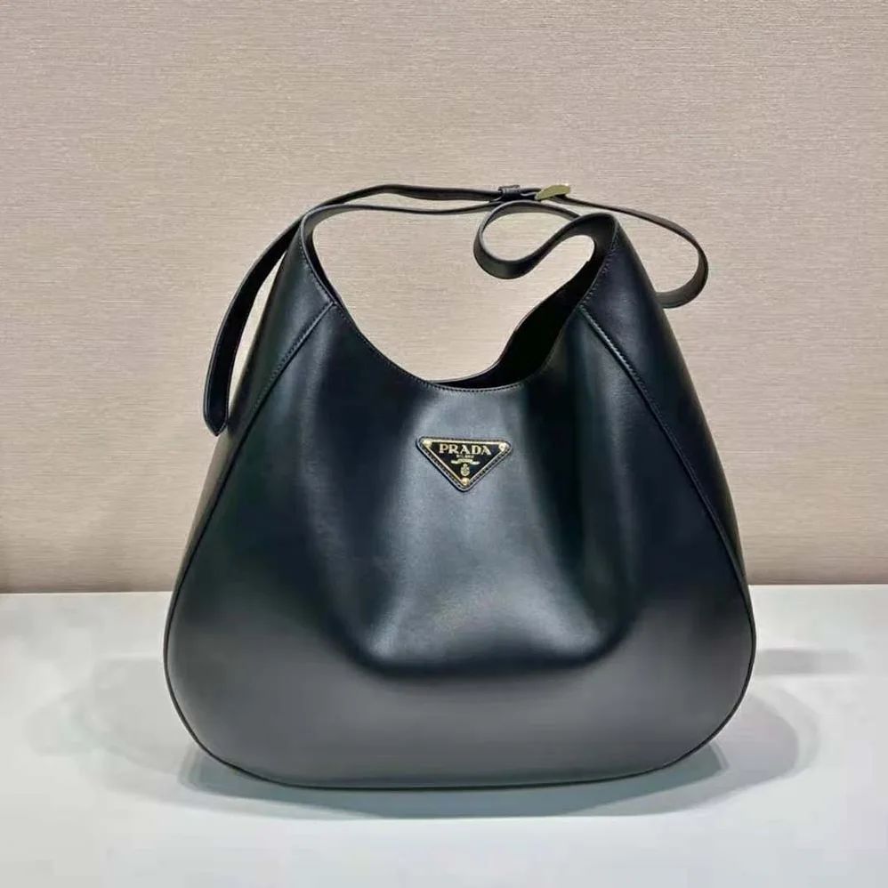Prada Large Leather Shoulder Bag with Topstitching for Women in Black Prada Large Leather Shoulder Bag with Topstitching for Women in Black