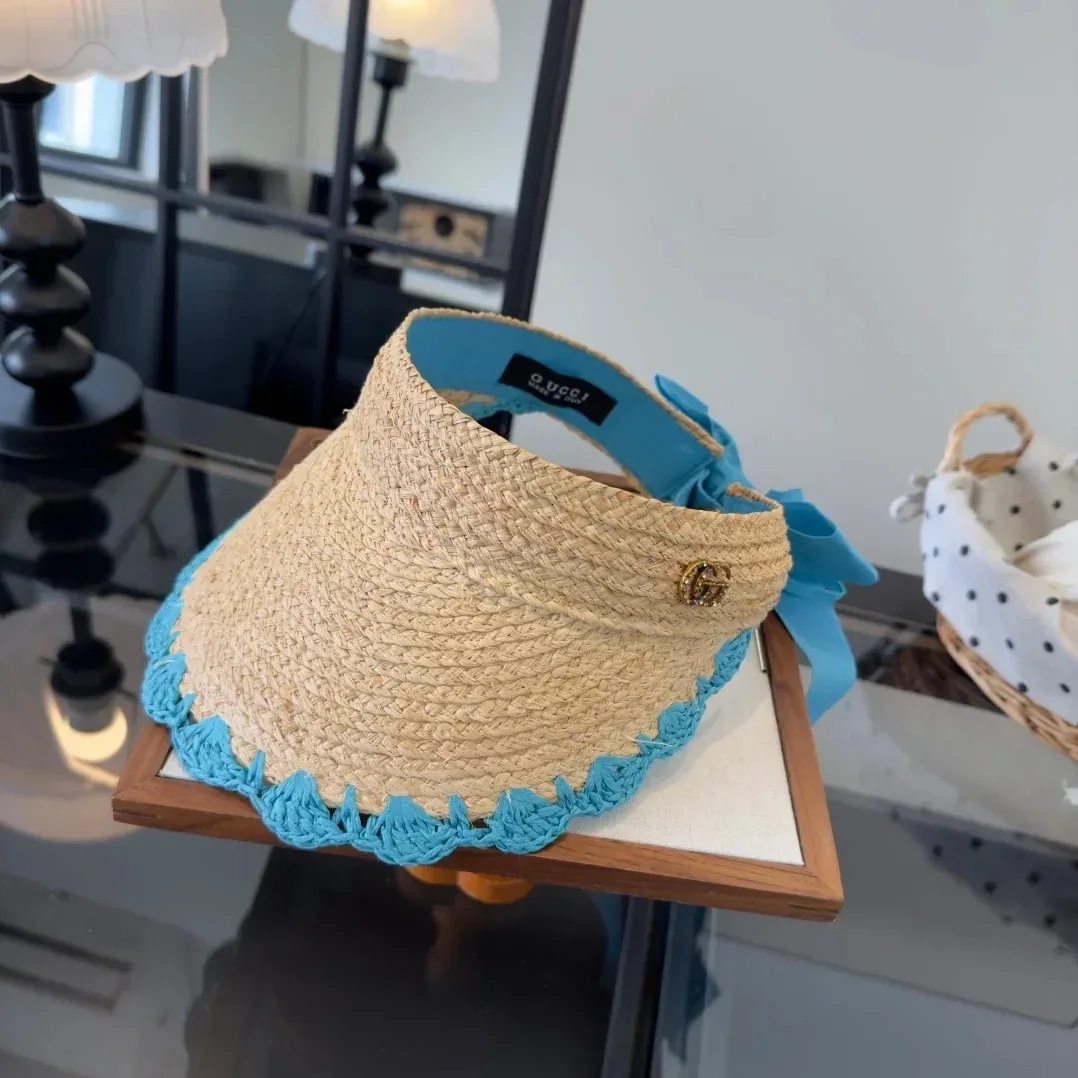 Gucci Crochet-Trimmed Visor Beige/ Blue Straw Gucci Crochet-Trimmed Visor Beige/ Blue Straw