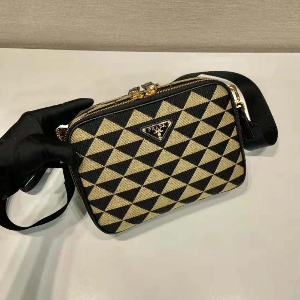 Prada Symbole Embroidered Fabric Bag for Men in Beige/Black