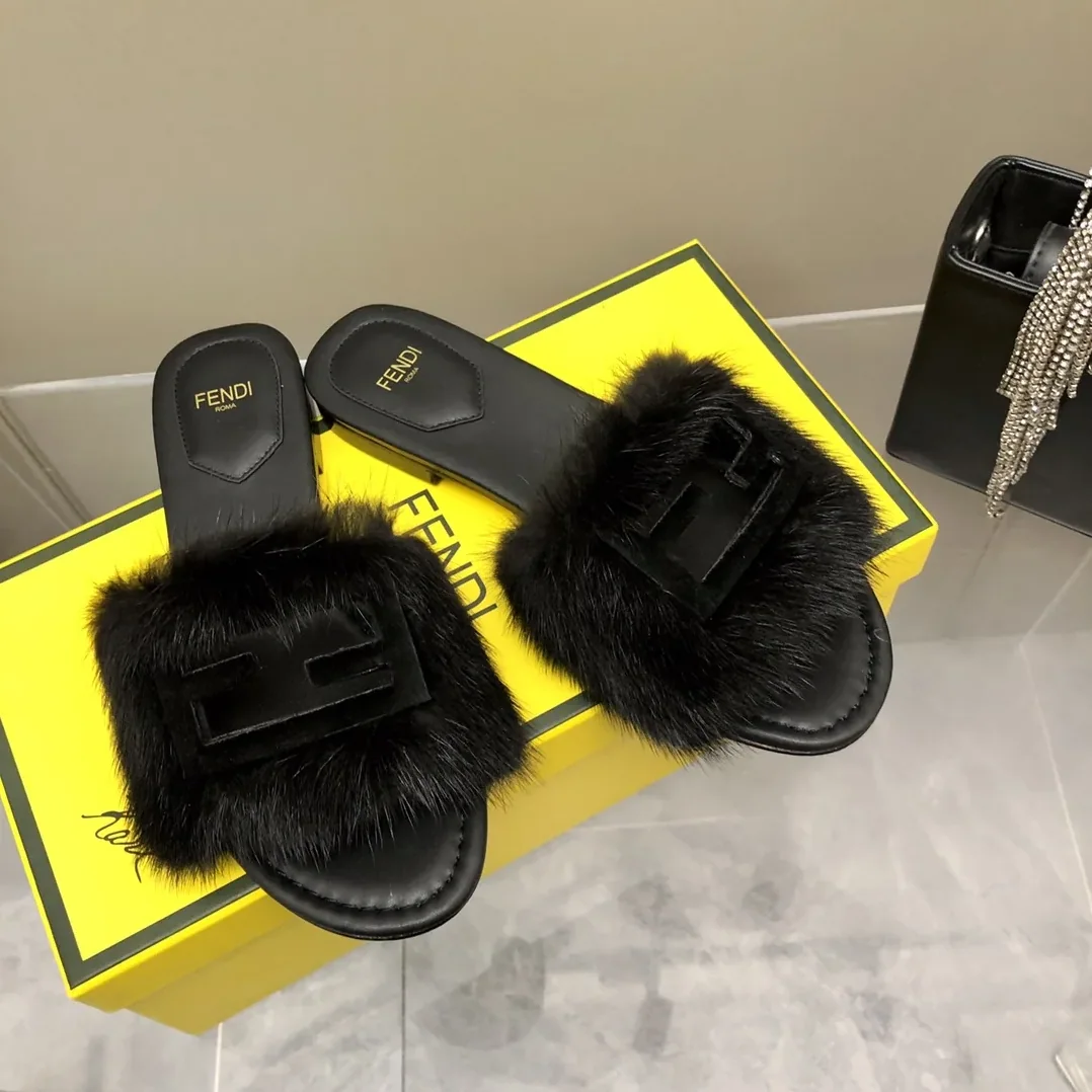 Fendi Black Mink Slides
