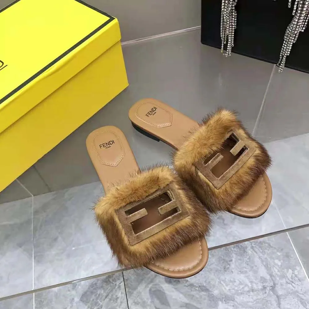 Fendi Signature Brown Mink Slides for Women