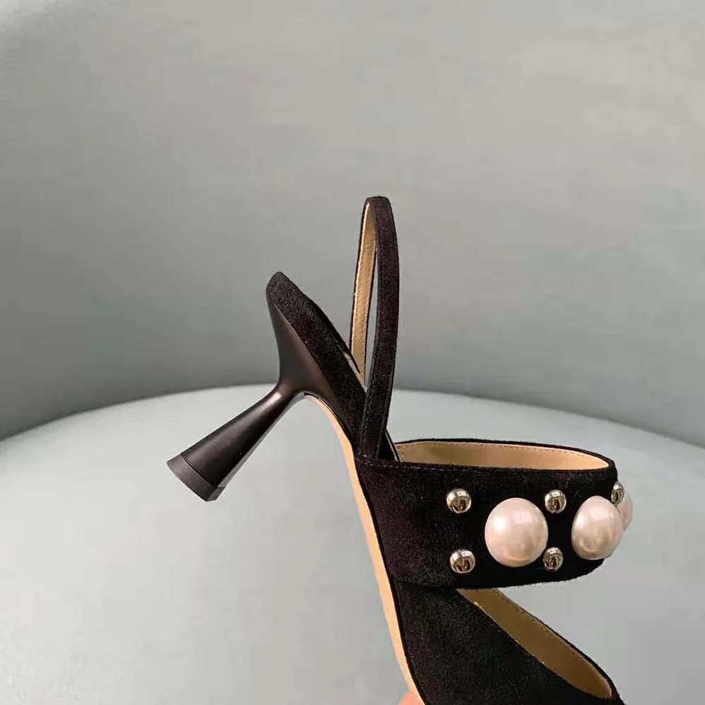 Jimmy Choo Breslin 100 Black Suede Slingbacks with Pearl and Stud Embellishment for Women